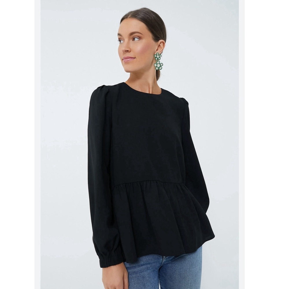 Tuckernuck Pomander Place L Carlota Peplum Blouse Black Long Sleeve Minimalist